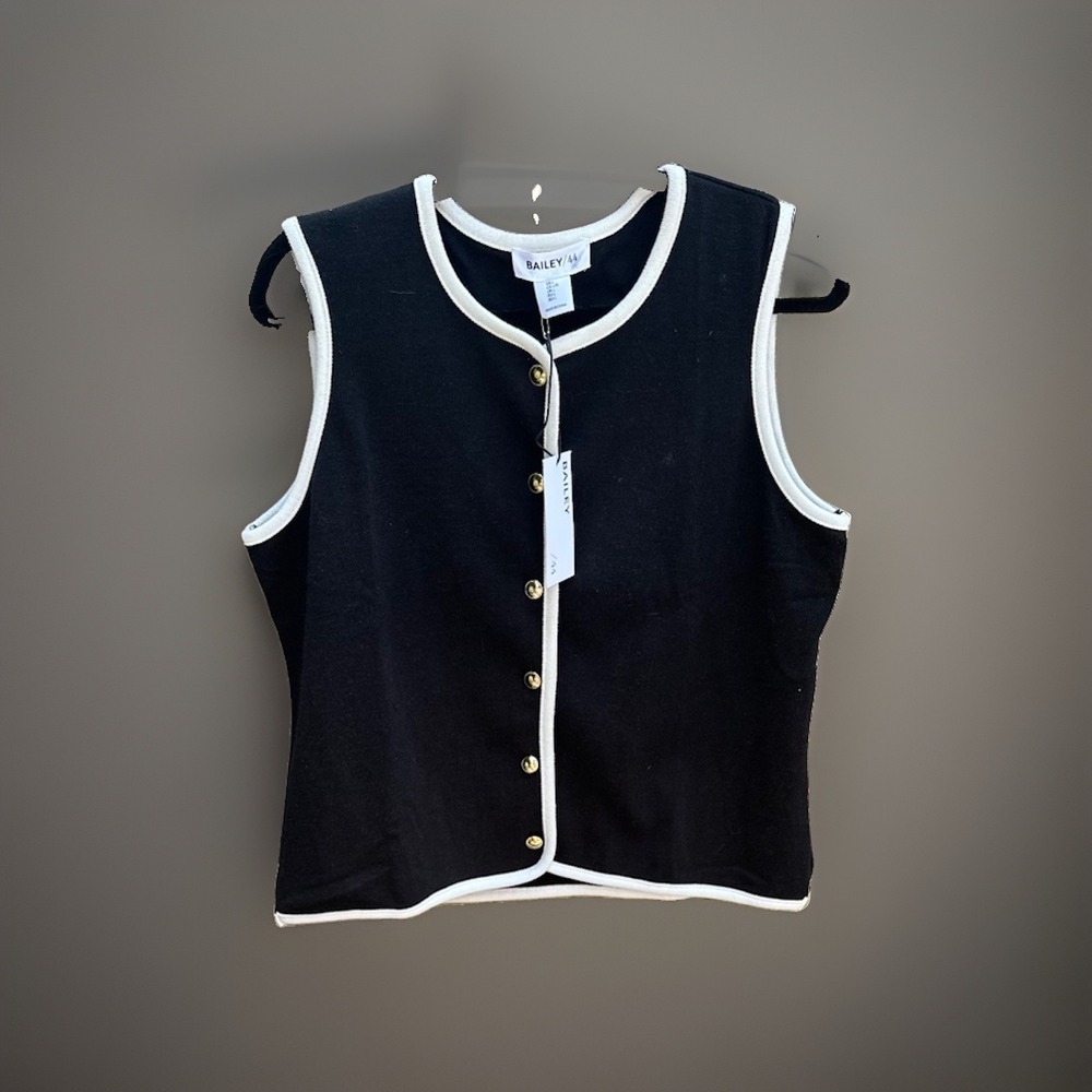 NWT Bailey 44 Women's Black Sleeveless Vest With White Trim Detail Size L